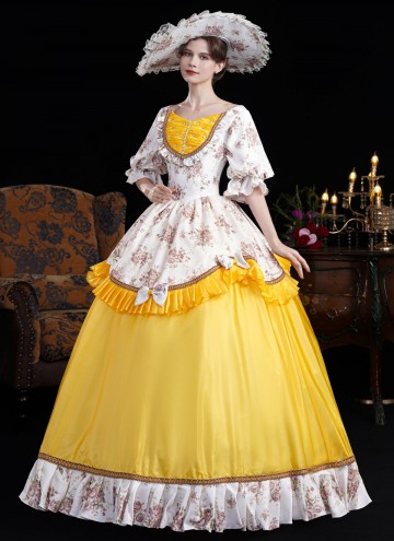 Yellow Printed Ruffled Party Dress Venice Carnival Holiday Festive Formal Gown