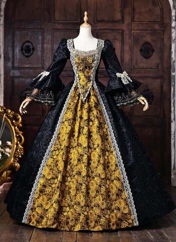 Vintage Black Brocade Gold Floral Jacquard Victorian Ball Gown Lace Long Sleeves Floor Length Historical Dark Fantasy Costume