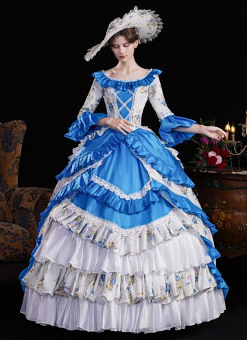 Blue Printed Ruffled Party Dress Floor Length Venice Carnival Fancy Theater Costume