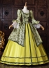 Yellow Green Floral Brocade Rococo Formal Party Dress Lace Long Sleeve Theater Costume