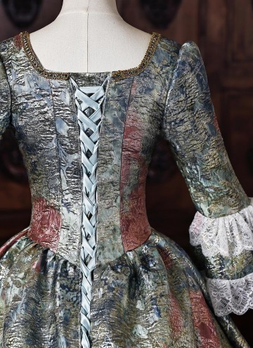 Victorian Green Floral Jacquard Brocade Masquerade Dress Venice Carnival Costume