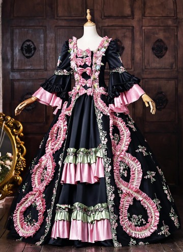 Customize Rococo Black Floral Printed Satin Masquerade Dress Venice Carnival Holiday Festive Formal Gown