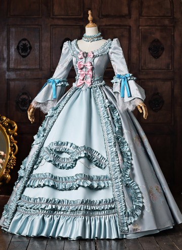 Blue Floral Brocade Bow Lace Victorian Tea Party Dress Long Sleeve Floor Length Masquerade Costume