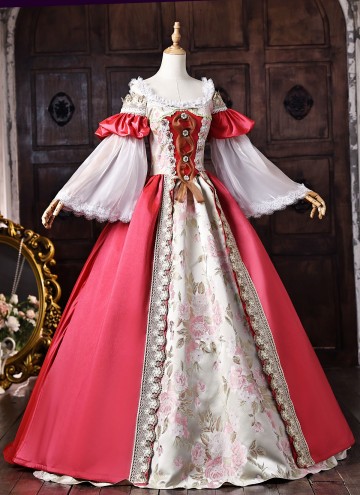 Pink Floral Brocade Off the Shoulder Masquerade Stage Dress Bell Sleeves Fantasy Costume