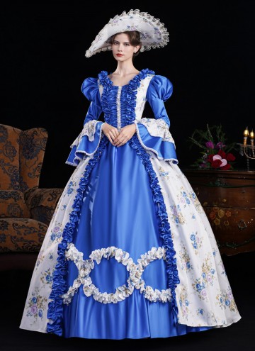 Blue Printed Cosplay Theme Party Dress Flare Sleeve Floor Length Venice Fancy Costume