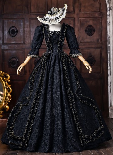 Black Floral Historical Gothic Victorian Ball Gown Half Puff Witch Halloween Costume