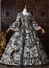 Baroque Black Floral Jacquard Brocade Victorian Rococo Dress Square Collar Long Sleeve Venice Carnival Holiday Festive Formal Gown