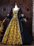 Vintage Black Brocade Gold Floral Jacquard Victorian Ball Gown Lace Long Sleeves Floor Length Historical Dark Fantasy Costume