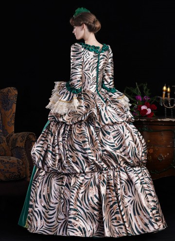 Green Brocade Satin Zebra-Print Multi Layered Carnival Inspired Ball Gown Cosplay Theater Costume
