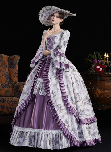 Purple Lace Ruffled Printed Holiday Carnival Party Gown Women Fantasy Stage Theater Costume