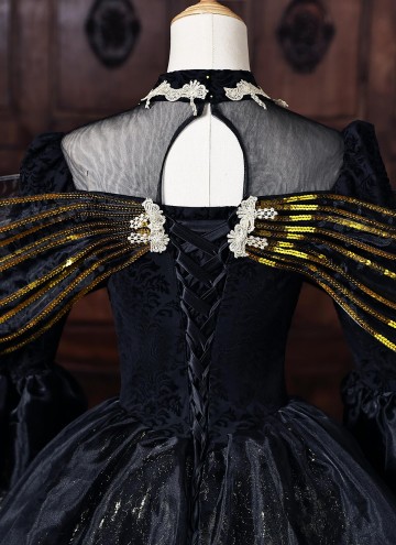 Black Brocade Halloween Dark Fantasy Dress Long Sleeves Floor Length Masquerade Ball Gown