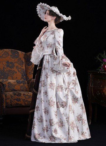 Brown Printed Edwardian Holiday Festive Dress 1890s 1900s 2PC Jacket and Skirt Downton Abbey Dress Historical Costume