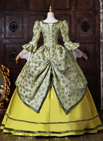 Yellow Green Floral Brocade Rococo Formal Party Dress Lace Long Sleeve Theater Costume