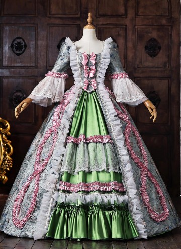 Vintage Jacquard Victorian Tea Party Dress Rococo Bow Lace Long Sleeve Floor Length 18th Century Ball Gown