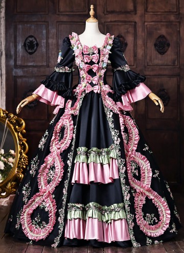 Customize Rococo Black Floral Printed Satin Masquerade Dress Venice Carnival Holiday Festive Formal Gown