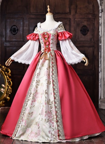 Pink Floral Brocade Off the Shoulder Masquerade Stage Dress Bell Sleeves Fantasy Costume