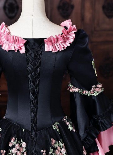 Customize Rococo Black Floral Printed Satin Masquerade Dress Venice Carnival Holiday Festive Formal Gown