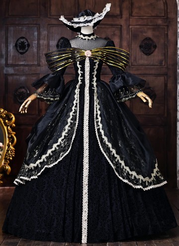 Black Brocade Halloween Dark Fantasy Dress Long Sleeves Floor Length Masquerade Ball Gown