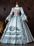 Blue Floral Brocade Bow Lace Victorian Tea Party Dress Long Sleeve Floor Length Masquerade Costume