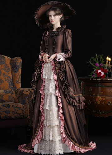 Brown Edwardian 1900s 1910s Tea Party Garden Dress Vintage Bustle Theater Costume