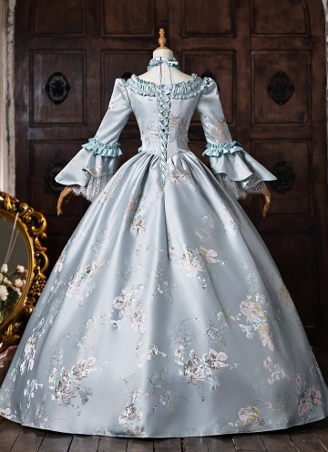 Blue Floral Brocade Bow Lace Victorian Tea Party Dress Long Sleeve Floor Length Masquerade Costume
