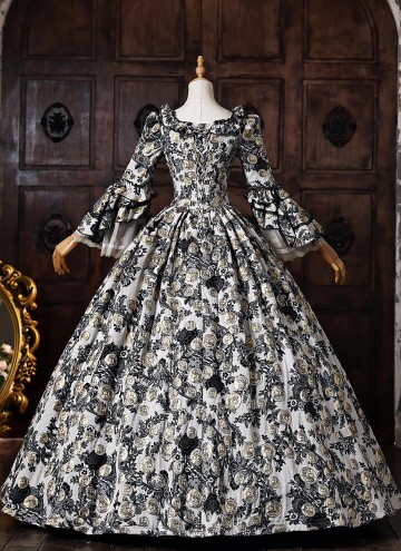 Baroque Black Floral Jacquard Brocade Victorian Rococo Dress Square Collar Long Sleeve Venice Carnival Holiday Festive Formal Gown