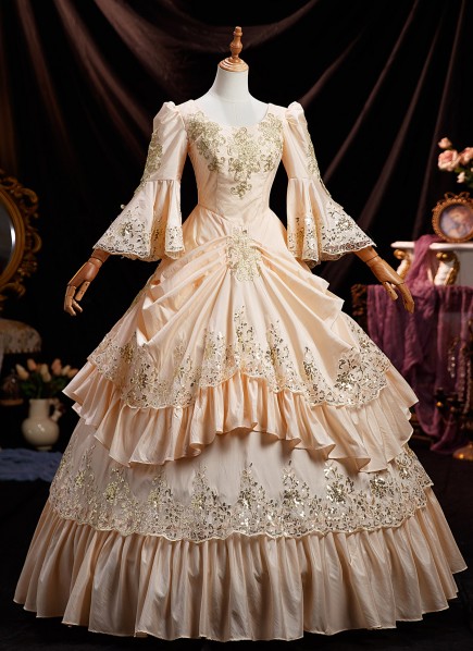sachin and babi light blue dress Graceful Retro Champagne Masked Ball Gown Prom Dress Gold Appliques Long  Victorian Formal Dress