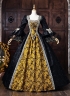 Vintage Black Brocade Gold Floral Jacquard Victorian Ball Gown Lace Long Sleeves Floor Length Historical Dark Fantasy Costume