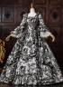 Baroque Black Floral Jacquard Brocade Victorian Rococo Dress Square Collar Long Sleeve Venice Carnival Holiday Festive Formal Gown