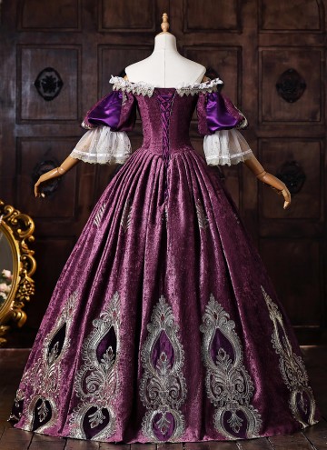 Purple Velvet Gold Embroidery Victorian Rococo Style Masquerade Ball Gown Off the Shoulder Theater Costume