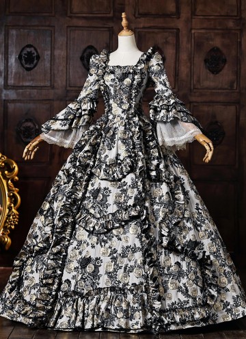 Baroque Black Floral Jacquard Brocade Victorian Rococo Dress Square Collar Long Sleeve Venice Carnival Holiday Festive Formal Gown
