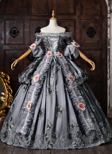 Customized Gray Brocade Off the Shoulder Marie Antoinette Ball Gown Short Sleeve Flower Lace Rococo Masquerade Dress