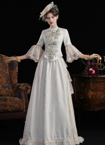 Edwardian Champagne Jacquard 1890s 1900s Vintage Downton Abbey Dress Theater Clothing