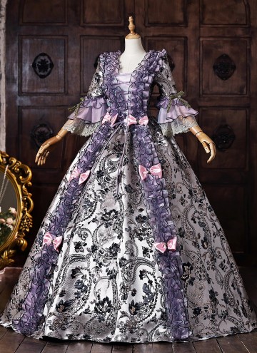 Vintage Purple Floral Brocade 18th Century Rococo Tea Party Ball Gown Lace-Up Venice Carnival Costume