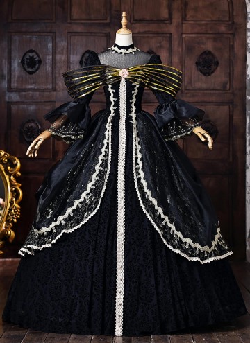 Black Brocade Halloween Dark Fantasy Dress Long Sleeves Floor Length Masquerade Ball Gown