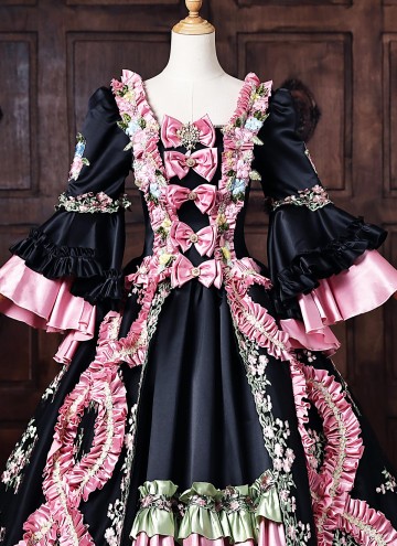 Customize Rococo Black Floral Printed Satin Masquerade Dress Venice Carnival Holiday Festive Formal Gown