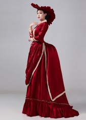 19th Century Red Long Sleeve Lace Victorian Bustle Dress Gown Historical Costume