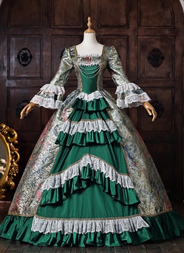 Victorian Green Floral Jacquard Brocade Masquerade Dress Venice Carnival Costume