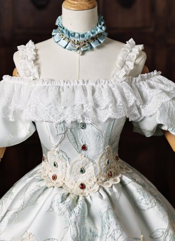 Light Blue Jacquard Party Ball Gown Lacce Short Sleeve Off the Shoulder Theater Costume