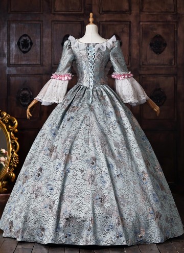Vintage Jacquard Victorian Tea Party Dress Rococo Bow Lace Long Sleeve Floor Length 18th Century Ball Gown