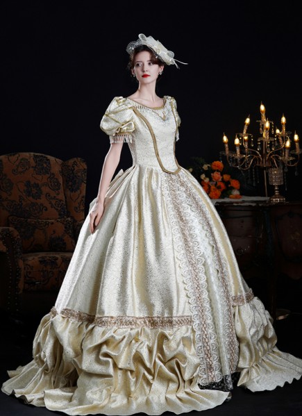 short sleeve victorian dress Elegant Champagne Jacquard Renaissance Victorian Era Dress U-Neck Short Sleeve Floor Length Masquerade Ball Gowns