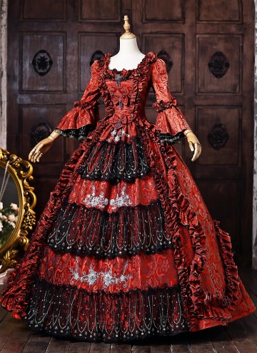 Vampire Red Floral Brocade Long Sleeves Tiered Ruffles Floor Length Masquerade Party Dress
