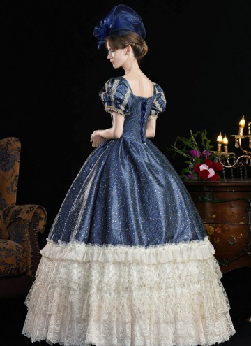 Customized Holiday Dark Blue Lace Ruffled Masquerade Ball Gown Inspired Cosplay Theater Costume