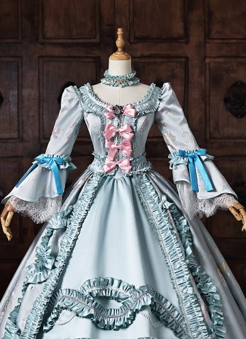 Blue Floral Brocade Bow Lace Victorian Tea Party Dress Long Sleeve Floor Length Masquerade Costume