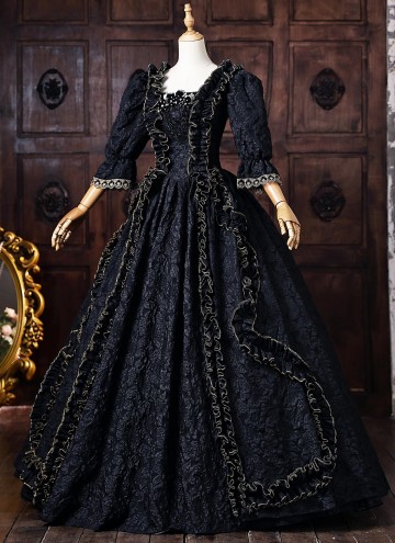 Black Floral Historical Gothic Victorian Ball Gown Half Puff Witch Halloween Costume