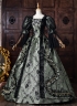 Dark Green Floral Brocade Baroque Victorian Masquerade Dress Lace Puff Sleeves Venice Carnival Holiday Festive Formal Gown