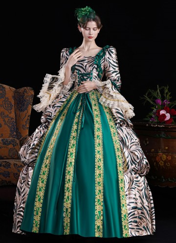 Green Brocade Satin Zebra-Print Multi Layered Carnival Inspired Ball Gown Cosplay Theater Costume