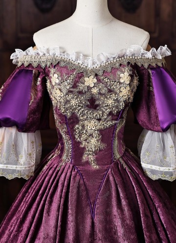 Purple Velvet Gold Embroidery Victorian Rococo Style Masquerade Ball Gown Off the Shoulder Theater Costume