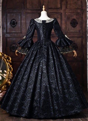 Vintage Black Brocade Gold Floral Jacquard Victorian Ball Gown Lace Long Sleeves Floor Length Historical Dark Fantasy Costume