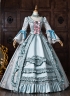 Blue Floral Brocade Bow Lace Victorian Tea Party Dress Long Sleeve Floor Length Masquerade Costume